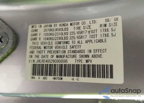 2009 Honda Cr-V Ex из США, поврежденный, VIN JHLRE48529C000595